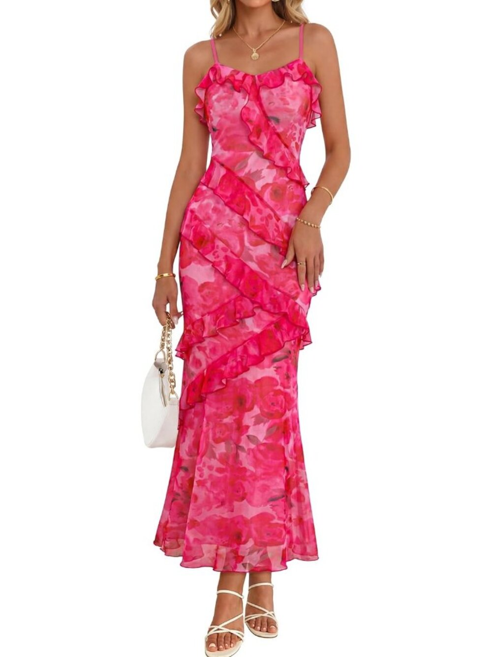 Women's Rose Shoulder Sleeve V Neck High Waist Backless Wedding Dress